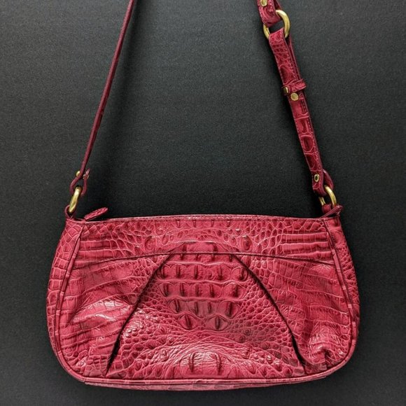Vintage BRAHMIN Hot Pink Croc Embossed Shoulder Bag Purse Leather Fuchsia 90's - Picture 2 of 10